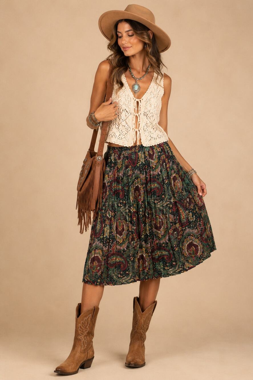 Vintage Paisley Pleated Midi Skirt Green Red Black Size 15/16 Large Boho Western